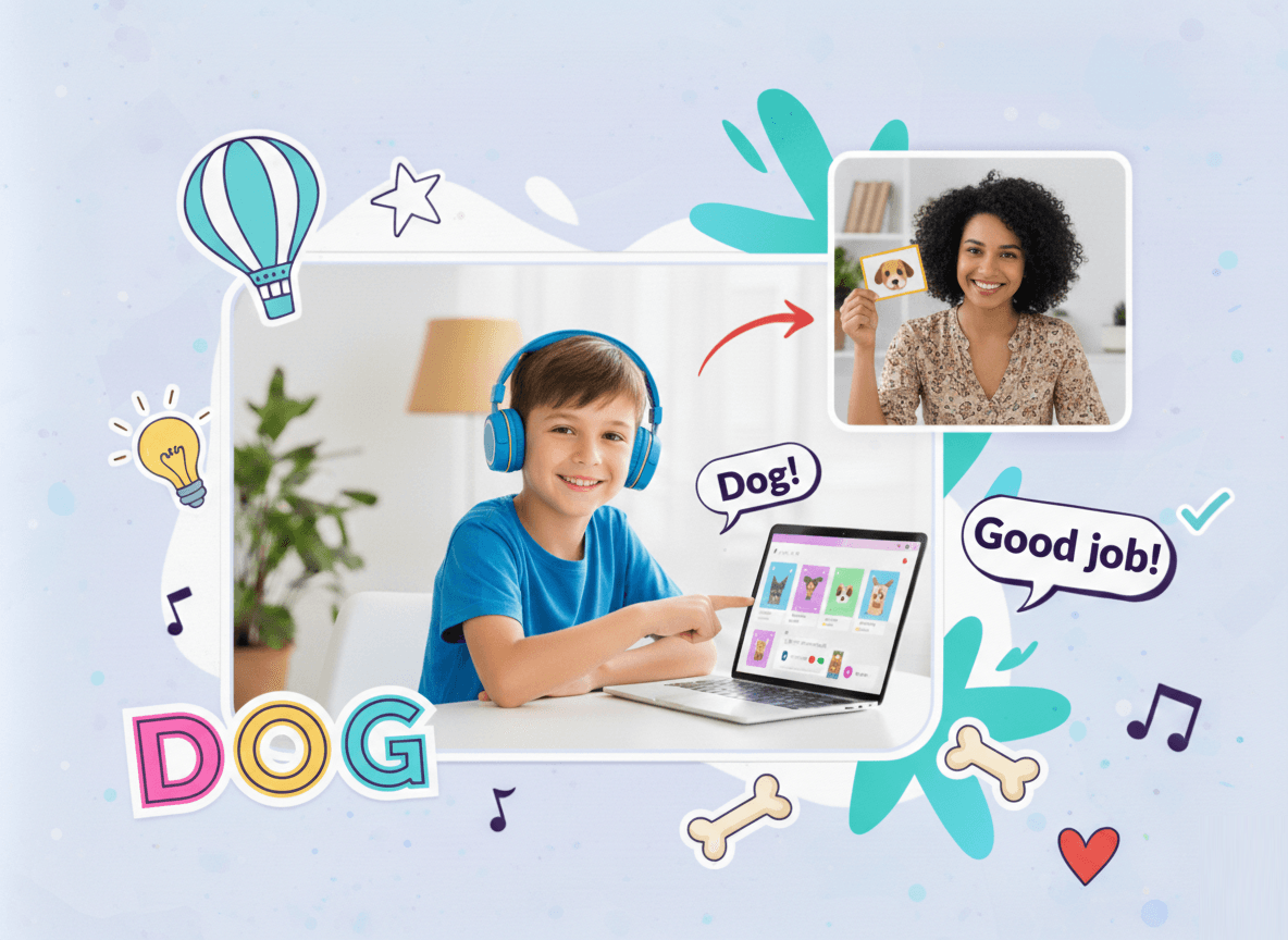 Online İngilizce dersinde çalışan bir erkek çocuk